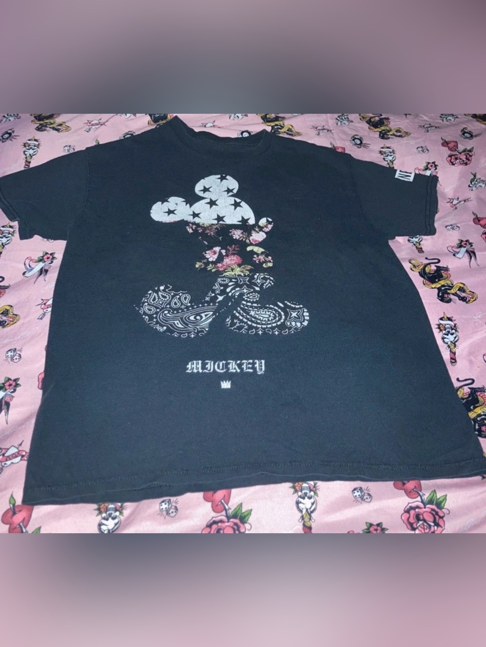Disney Black Mickey Graphic Tee with Floral & Bandana Print